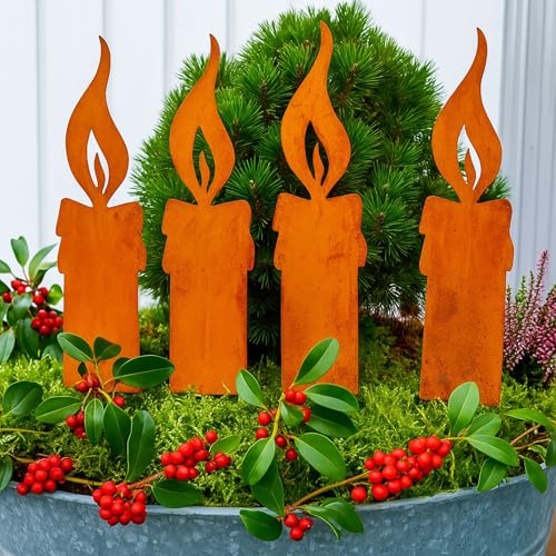 Edelrost Kerzenflamme Gartenstecker 4er Set 14 cm + 6 cm Spieß–...