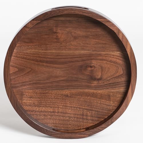 KINGCRAFT 13 x 13 inches Round Ottoman Table Tray, Wooden Solid Black Walnut Circle Platter Decorative Serving Tray with Handle for Oversized Ottoman Home Breakfast in Bed Tea Coffee