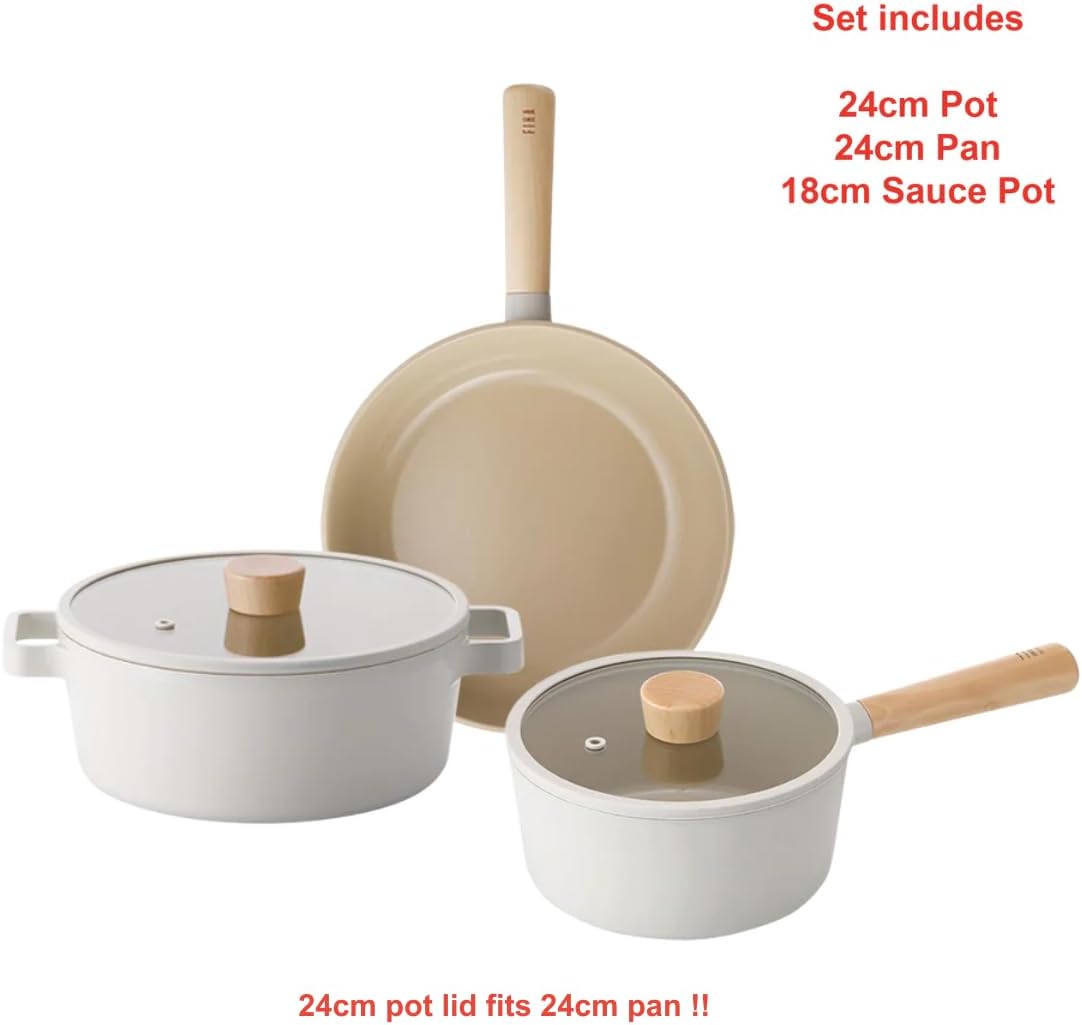 FIKA 5-Piece Nonstick Cookware Pot and Pan Set with Lid, Healthy Cooking Ceramic Coated Skillet with Natural Wood Handle, Induction, Gas Stove Compatible Kitchenware, Everyday Cooking, Made in Korea