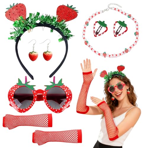 XPJBKC Déguisement de Fraise, 6PCS Ensemble de Costumes de Fraise avec Bandeau, Collier, Gants, Lunettes de Soleil, Boucles d'oreilles et Barrette pour Femme...