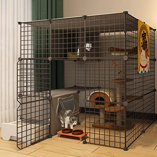 猫用プレイペン - 猫用ケージ 屋内用キャットペン ドアと閉じた猫用トイレ付き DIYペット用プレイペン 小動物用ケージ 子猫 モルモット ウサギ チンチラ用 1〜4匹の猫に最適(C1-111-95-109cm)