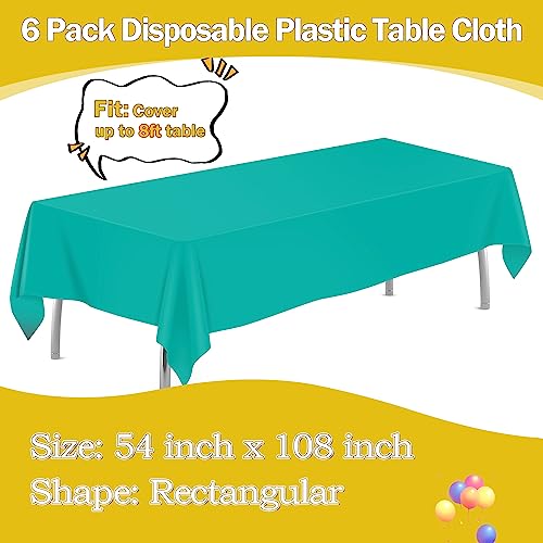 Image of tujol Teal 6 Pack Plastic Table Cloth 54 inch x 108 inch, Disposable Tablecloths Rectangle Table Cover, Plastic Tablecloths for Parties
