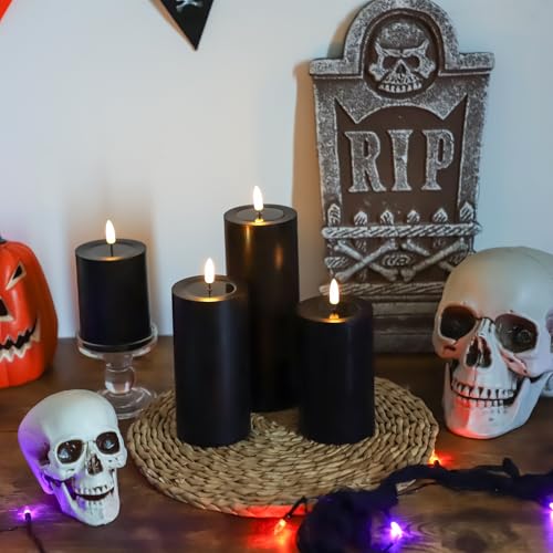 Image of Lezonic Black Flameless Candles with Remote, LED Battery Operated Flickering with Timer, 4 Pack Glossy Wax Drips Design Real Wax Pillar for Halloween Decor, Centerpiece, Birthday Gifts (4 /5 /6 /8 Inch)
