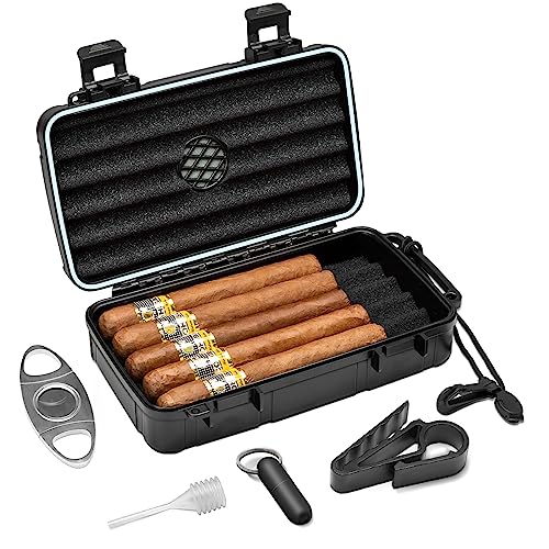 Image of Flauno Travel Cigar Humidor Case - Portable Cigar Box kit with Humidifier Disc, Cigar Cutter, Cigar Punch, Cigar Holder & Dropper, Waterproof, Crushproof, Airtight (Holds up to 10 Cigars)