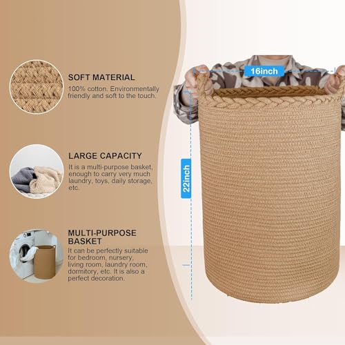 Image of ALBY Woven,Tall Wicker Laundry Basket for Blankets,Clothes,Pillows,Toys,Shoes Large Cotton Laundry Hamper for Bedroom Living Room Bathroom Nursery (72L /Extra Large16 inchD x 22 inchH, LIGHT BROWN)