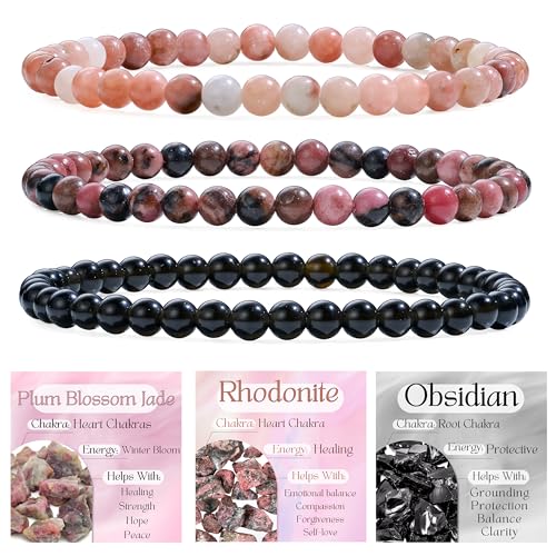 Bivei 3 Piezas 4mm pulseras piedras naturales - Jade Flor de Ciruelo, Rodonita,...