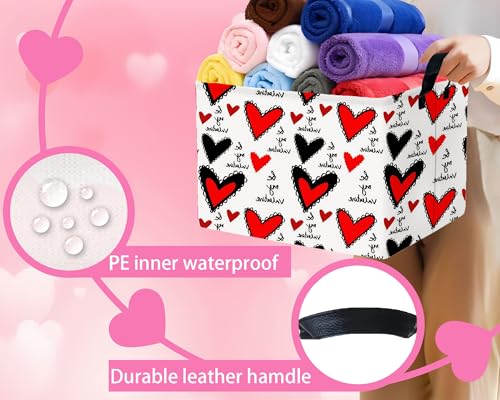 Image of Valentines Day Basket for Kids Heart Shaped Empty Storage Bins for Gifts with Handles Room Decor (Black Lace Red Love)