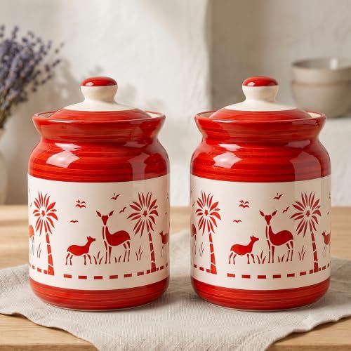 Image of D'Maiolica Ceramic Handmade Pickle Jars in 1000ml (set of 2) | Floral Bale 1 kg Achaar Martban | Ceramic Jadi for Kitchen Storage (Set of 2) | Jars for Achar, Spices, Salt (Artisan Red Savannah)