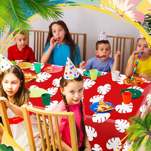 Image of Oudain 2 Sheets Hawaii Hibiscus and Tropical Leaves Tablecloth Birthday Party Decorations Blue Alien Cartoon Table Covers for Birthday Party Supplies