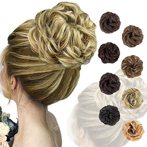 AISI QUEENS Messy Bun Hair Piece Tousled Updo Hair Bun Curly Wavy Ponytail Extensions Hairpieces Hair Scrunchies for Women Girls with Wedding or Daily wear(Light Blonde & Light Brown)