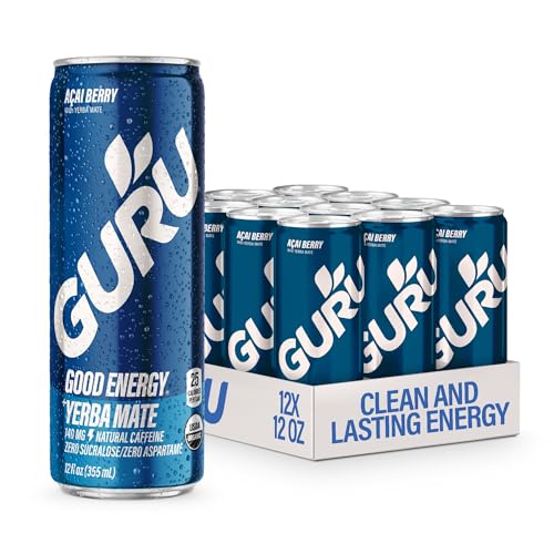 Image of GURU Energy Drink, Organic Sparkling Energy Drink with Yerba Mate & Green Tea, 140 MG Natural Caffeine for Workouts, Performance & Midday Boost, Gluten Free, Vegan, Acai Flavor, 12 Fl Oz, 12 Pack