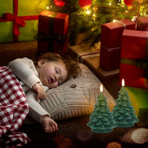 Image of Wondise Christmas Tree Flameless Candles Timer, 2 Packs Green Real Wax Battery Operated 3D Wick LED Flickering Candles Realistic Christmas Tree for Christmas Holiday Indoor Dinner Decor(2.76 inch x 5.9 inch)