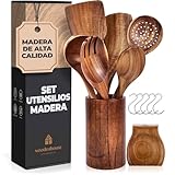 Utensilios de Cocina Madera [8 pzas] con Reposa Cucharas, Bote de y Ganchos para Colgar. 100% Natural Cucharas Madera. Espátulas y Cucharones de Cocina para Sartenes Antiadherentes.
