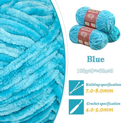 Image of LUNARM Chenille Yarn 3 Pack 3.5oz Chunky Blanket Velvet Yarn 263 Yard | Blue Chunky Chenille Yarn for Beginners Crocheting Hand Knitting Scarves with Big Eye Needles Machine Washable