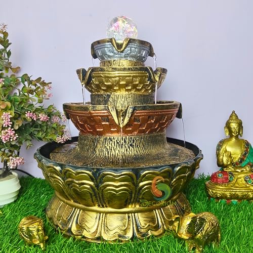 Image of Golden Table Top Water Fountain for Home Decor /Office /Indoor & Outdoor /Garden /Puja Room /Vaastu with Multicolor LED Light and Adjustable Water Pump (Round Golden Fountain D-068)
