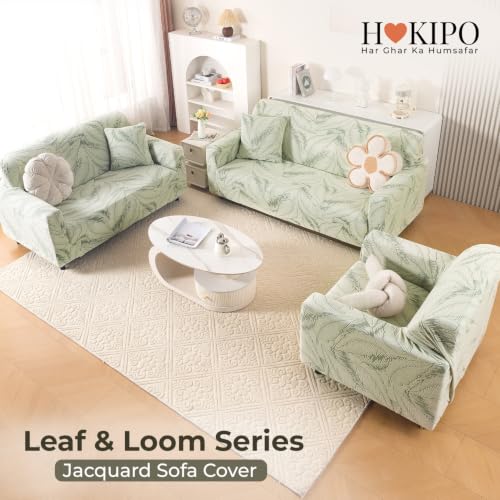 Image of HOKIPO Leaf & Loom Stretch Sofa Cover 1 Seater, Creamish Pale Green