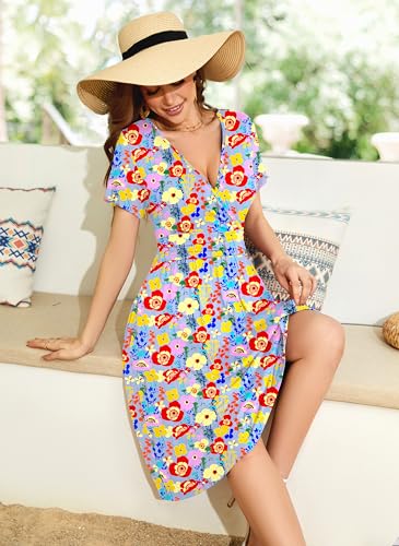 Image of WEACZZY Women's Summer Short Sleeve Casual Dresses V-Neck Floral Party Dress with Pockets