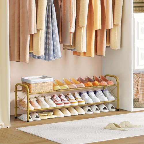 Image of Hoctieon 2 Tier Shoe Rack for Closet, Durable Mesh Style Shoe Rack, Entryway Shoe Shelf, Shoe Storage Organizer for Hallway, Bedroom, Living Room, Wardrobe, Gold