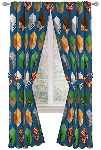 Image of Jay Franco Minecraft Isometric Blue 84 inch Inch Drapes 4 Piece Set - Beautiful Room Decor & Easy Set Up, Bedding Features Creeper - Window Curtains Include 2 Panels & 2 Tiebacks