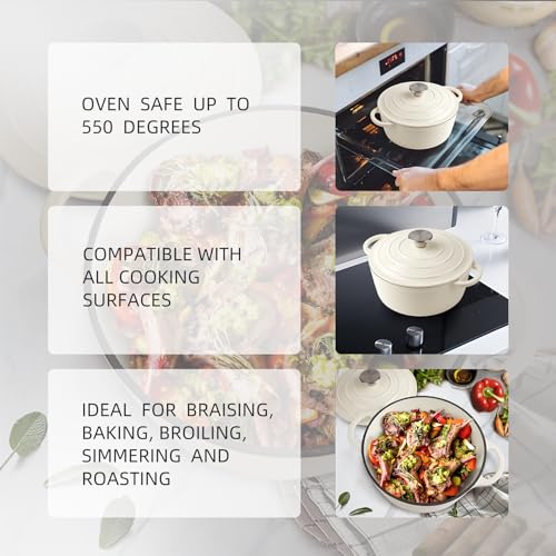 Image of 6 Quart Dutch Oven Enameled Cast Iron with Lid - Big Dual Handles - Oven Safe up to 500F - Classic Round Pot for Versatile Cooking Cream