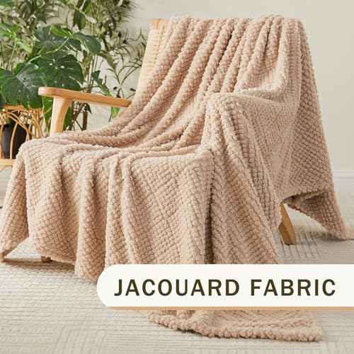 Image of EMME Fleece Blanket, 3D Jacquard Throw Blanket for Couch and Bed, Soft Cozy and Fluffy Blankets Lightweight Luxury Flannel with Waffle Design (Beige, 80 inch x 90 inch)