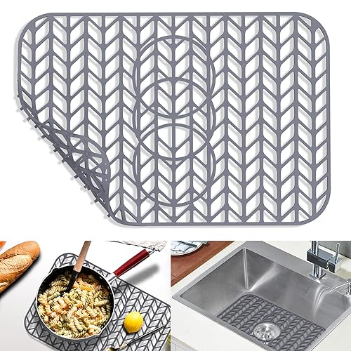 Image of GUUKIN Sink Protectors for Kitchen Sink 19x13 & 24x12.5 & 13x11 & 26x14 & 28x14 & 29x15, Large Silicone Mats Grid for Bottom of Farmhouse Stainless Steel (19x12.5 with 3 Reserved Holes)