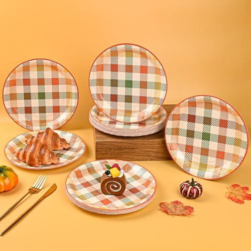 Image of 48Pcs Fall Plaid Paper Plates, Autumn Colors Party Plates