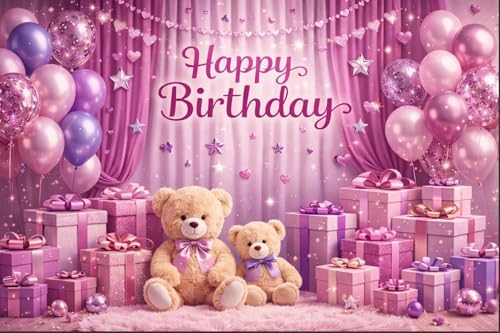 Image of Pink Birthday Backdrop Cloth 5x3 ft - Teddy Bear Theme Fabric Banner with Balloons & Gifts, Reusable Decoration Background for Kids Party & Photoshoot