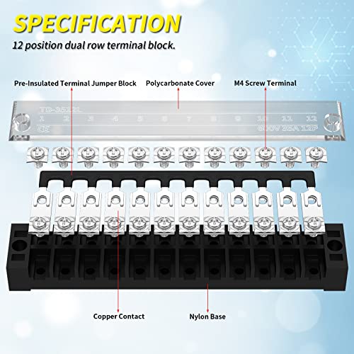 Joinfworld 35A Terminal Block 12 Position Screw Terminal Strip Dual Row With Cover And 12 Position Pre-Insulated Terminal Jumper Block - 2Pcs #TOP2