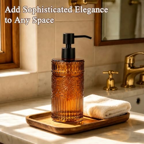 Image of Vintage Glass Soap Dispenser, 16 fl oz Refillable Liquid Hand Soap Bottle with Pump, Sunflower Embossed Dish Soap Dispenser for Bathroom, Kitchen, Shower (Amber)