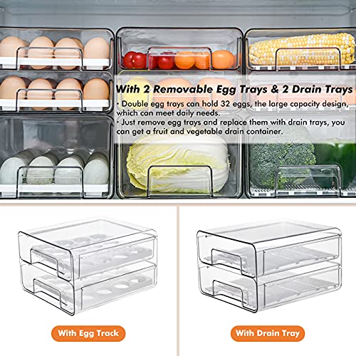 Elabo 32 Grid Large Capacity Egg Holder For Refrigerator, Double Layer Drawer Type, Multi-Function Storage Drawer Food Container Organizer, Bpa-Free, Clear, With Removable Egg Tray And Drain Tray #TOP3