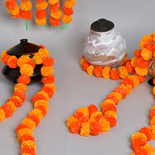 Image of 5 PC - 5 feet Marigold Garland |Indian /American Wedding Party Mantle Decoration, Faux Garlands Wedding Garland, Diwali Decoration, Spring Bush Floral! (Light Yellow and Dark Yellow)