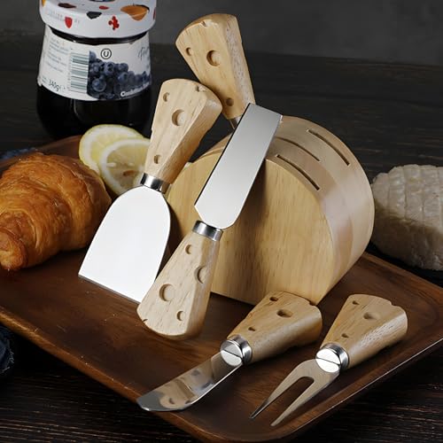 yekulanyue Cheese Knife Set with Wooden Stand, 5pcs Stainless Steel Knives, Wooden Handles with Swiss Cheese Design - Image 6