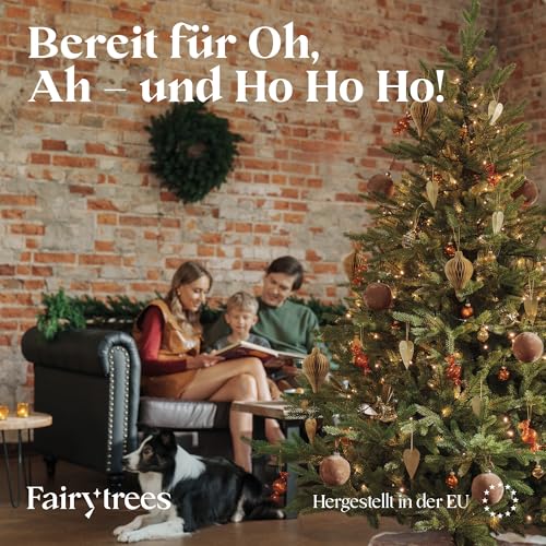 FAIRYTREES Weihnachtsbaum künstlich 180cm Nordmanntanne Exklusiv 100% PE | Tannenbaum Holzständer | Made in EU | Christbaum künstlich mit Naturgetreue Spritzguss Elemente