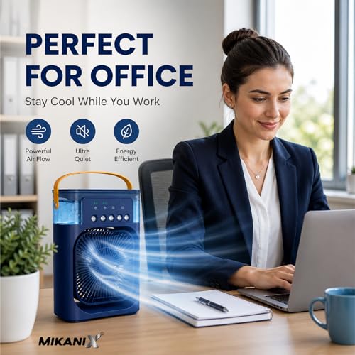 Image of MIKANIX Mini Cooler Fan with Water Spray & LED Light | Portable Personal Air Conditioner with 1 /2 /3H Timer for Bedroom, Office & Kitchen (Blue)