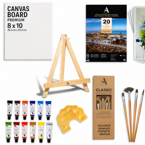 ArtRight 39 Pcs Painting Kit for Beginners & Kids with 4 Paint Brushes - Mini Wooden Easel with Canvas - 20 A5 Watercolor Papers - Mini Painting Palette - Artists Color Set of 12