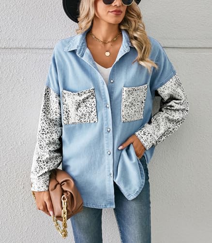 ebossy Women's Spliced Leopard Print Denim Shirt Button Down Casual Jean Jacket Top4