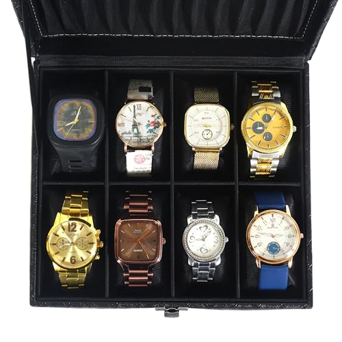 Image of LEDO Watch Box Organizer Case, 8 Slots, Black PU Leather, Metal Clasp Lock, Velvet Interior, Modern Classic Storage Box for Men and Women, Pack of 2