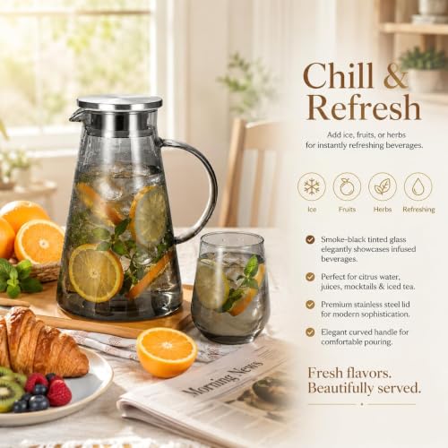 Image of Martvia Premium Juice and Water Black Glass Pitcher jug with Lid 1.9 Liter Romantic Style jugs with Handle Pitcher for Serve, Lassi, Cocktail, Ideal for Gift Beverage Carafes (NP - 04)