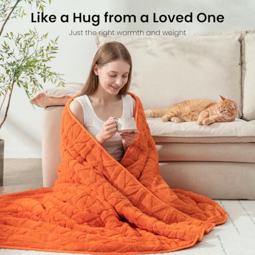 Image of Drewin Weighted Blanket 15lbs for Adults Deep Sleep and Relax,Orange | Soft Jacquard Sherpa Heavy Blankets 48 inch x 72 inch with Glass Beads,Cozy Fleece Throw Blankets for Bed and Couch,Machine Washable