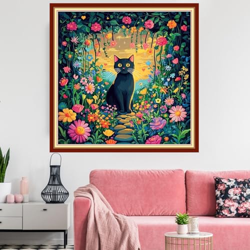 Image of Redxing Stamped Cross Stitch Kits Embroidery kit for Beginners Adults Full Range of Embroidery Patterns Starter Kits DIY Printed Cross Stitch Kits Needlepoint Kits 11CT-Garden Cat 18x18 inchs