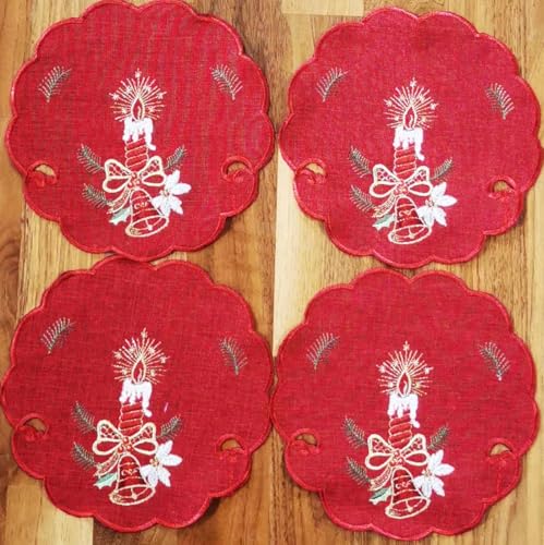 Weihnachtstischdecke Deckchen Bestickt 20cm rund 4er Packung Kerze und...