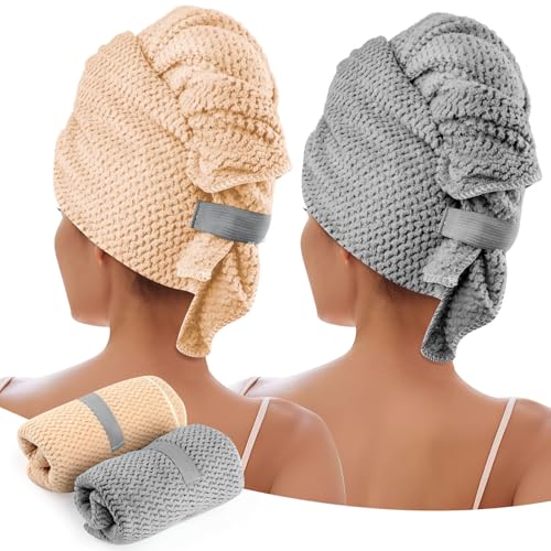 Arvoni 2 Piezas Toalla Microfibra Pelo Largo Grande, 100×60cm Toalla Pelo Rizado con Banda Elástica, Toalla Microfibra Secado Súper Absorbente para Cabello Largo y Rizado (Gris, Caqui)