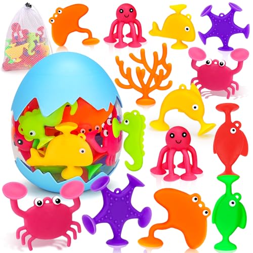 Image of Toddler Suction Cup Bath Toys, Ocean Animal Bath Toys for Kids Ages 4-8, No Hole Mold Free Bathtub Toys for Toddlers 3-5, Kids Travel Window Building Toys for 2 3 4 5 Year Old Boys Girls Gifts