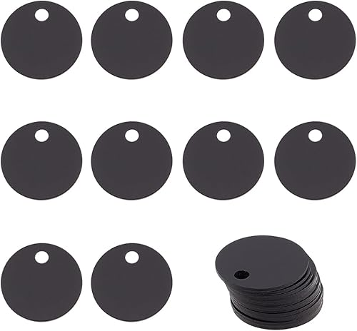 BENECREAT 30 etiquetas redondas planas negras en blanco de 0.8 pulgadas de aluminio con agujero para grabado láser, etiquetas de identificación de