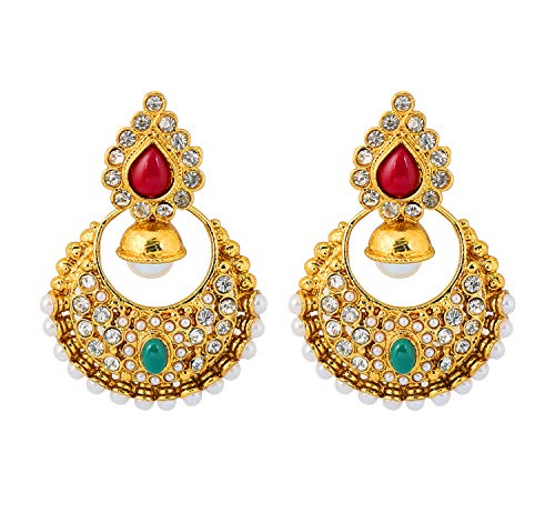 Touchstone Indian bollywood multicolor Chand bali moon jewelry earrings in antique gold tone for women