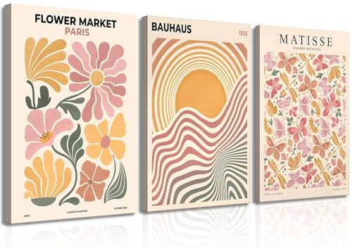BBQCBA 3pcs Boho Flower Market Canvas Wall Art Abstract Line Wall...