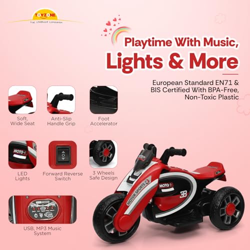 Image of Toyzone Moto Electric Bike (Red) | 6V Rechargeable Bike with 4.5Ah Battery | LED Lights, Built in Music | Smooth Acceleration | 6M Battery Warranty | Age 2-8 Years, Upto 35 kg