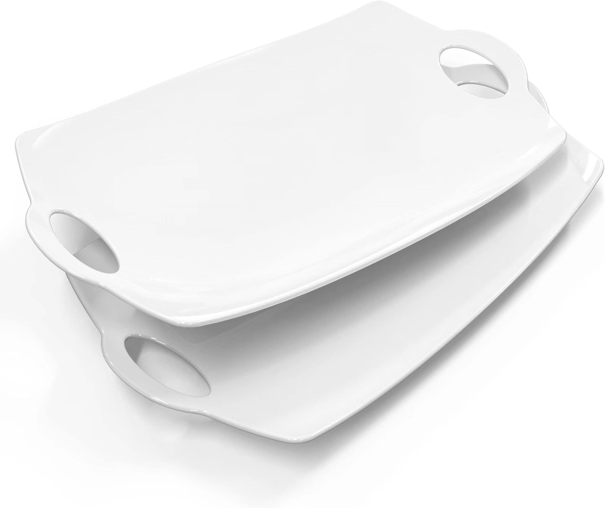 Serving Tray with Handle, Ceramic Baking Dish Rectangular Baking Pan with Handles 15.75 inch Serving Plate for Father's Day, Entertainment, Set of 2, White