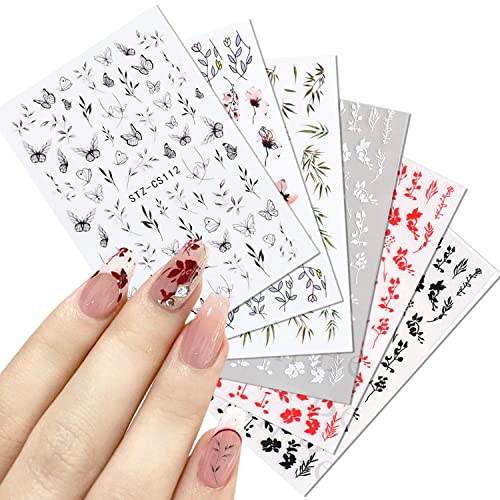 Leaf Nail Art Stickers Decals Spring Summer Nail Art Decorations Leaf Butterfly Nail Stickers Nail Art Supplies 3D Self-Adhesive Design for Women Manicure Tips 6 Sheets